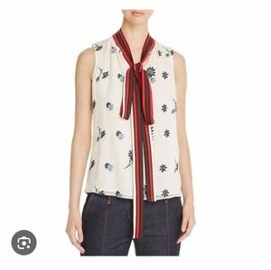 Tory Burch Cream and Blue Sleeveless Blouse with Tie Front Worn Once Size 14